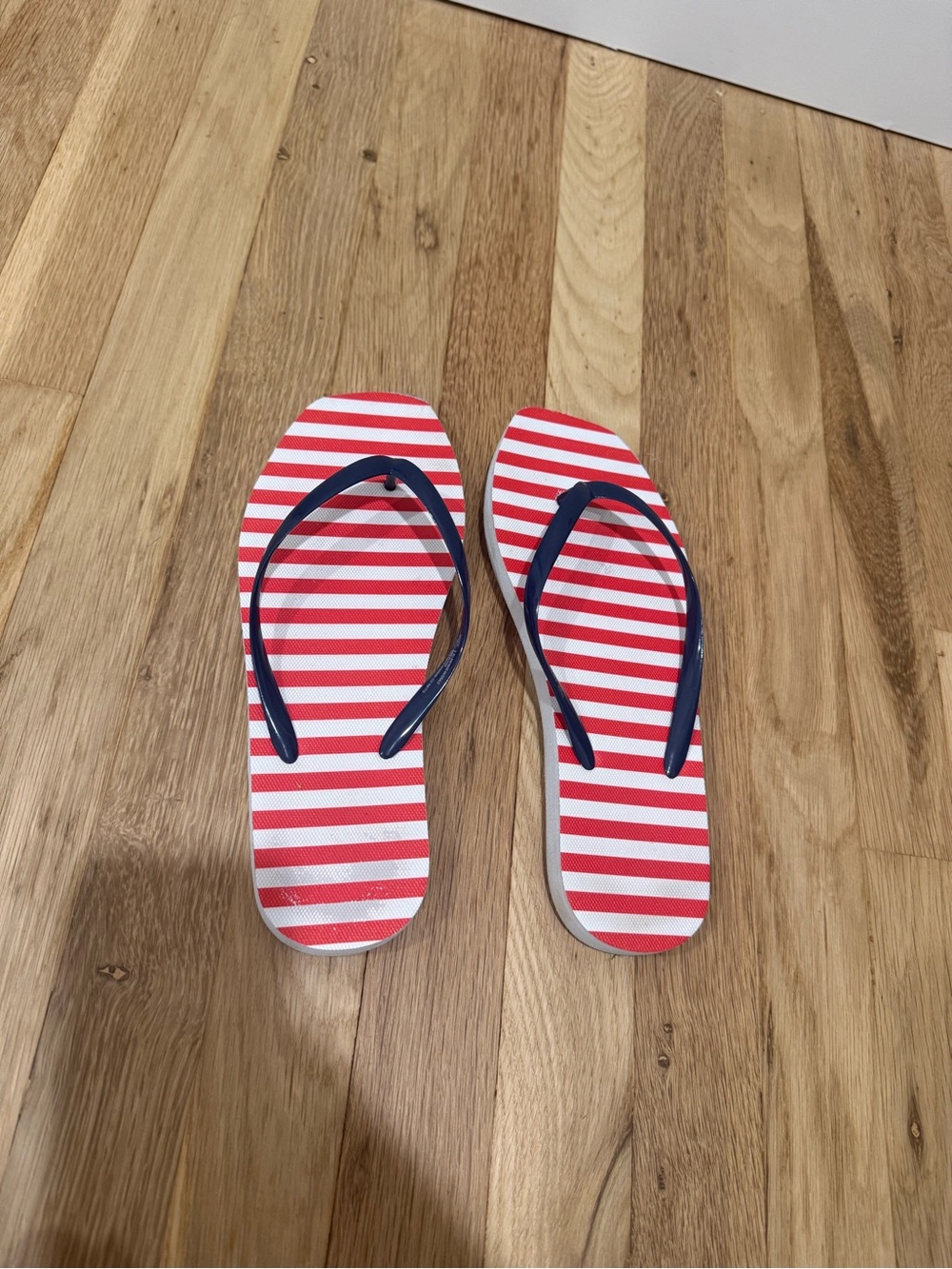 Red & White Striped Flip Flops with Navy Straps